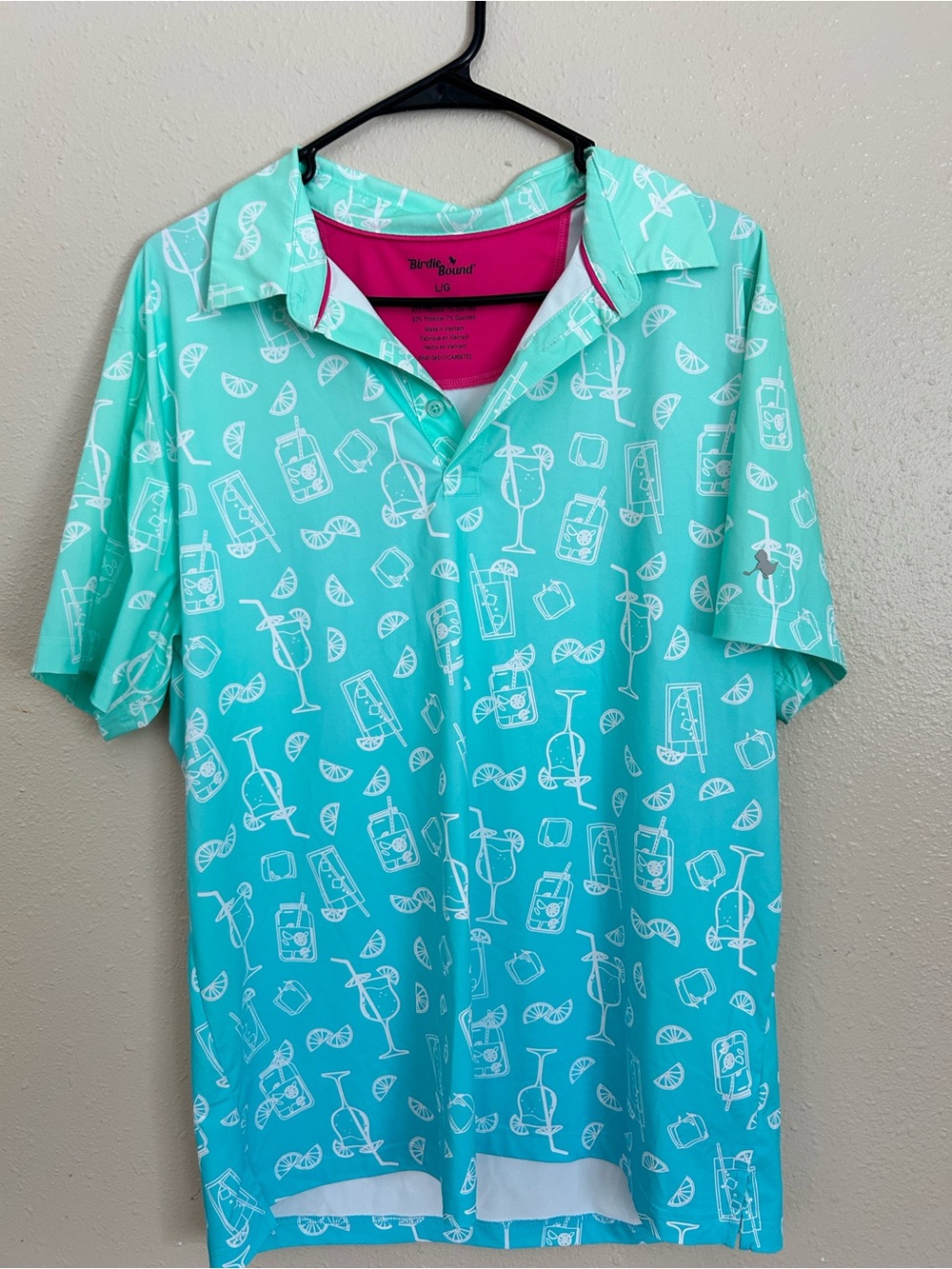 Birdie Bound Men’s Golf Polo Large Turquoise Cocktail Drink Print